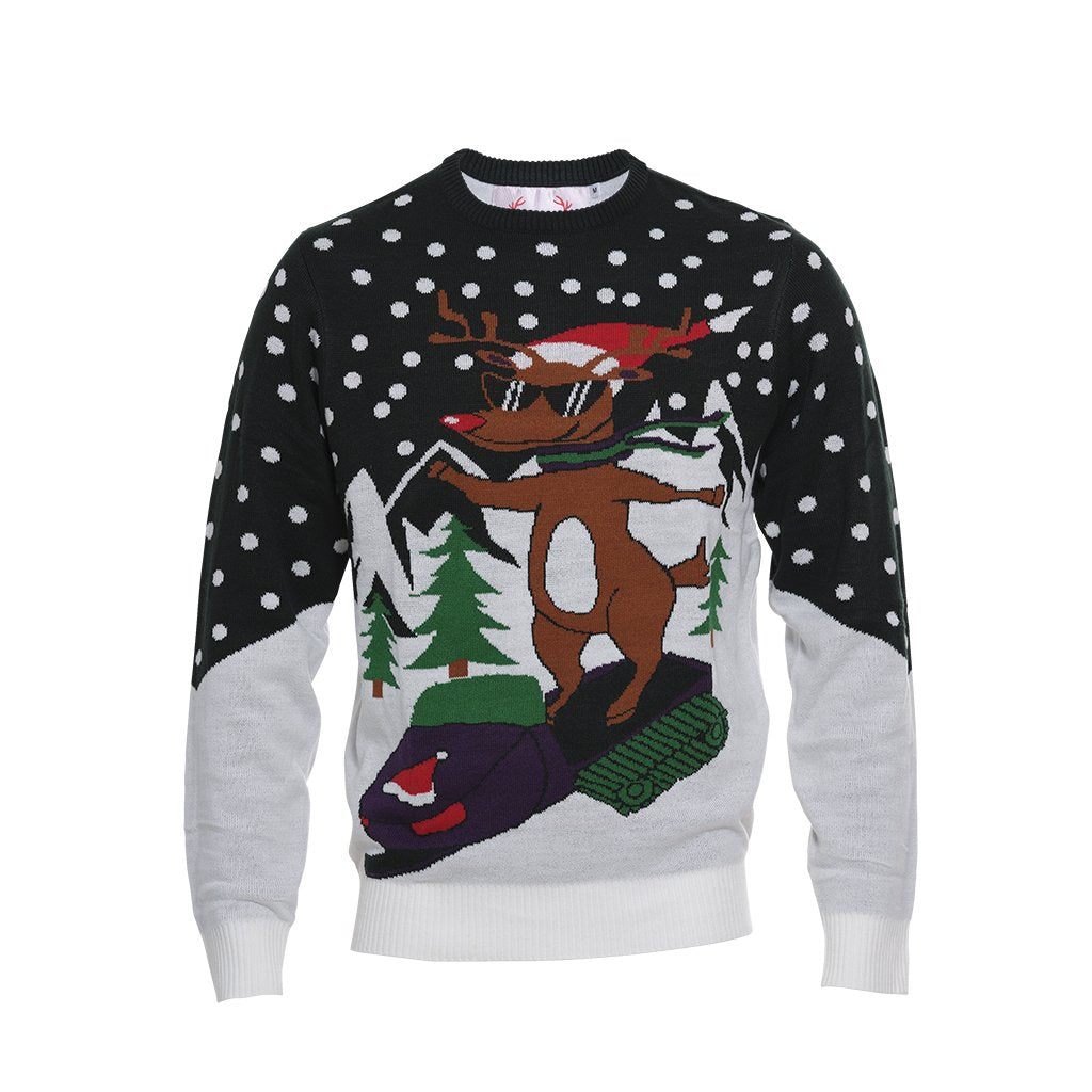 Un pull de Noël avec un renne en motoneige.